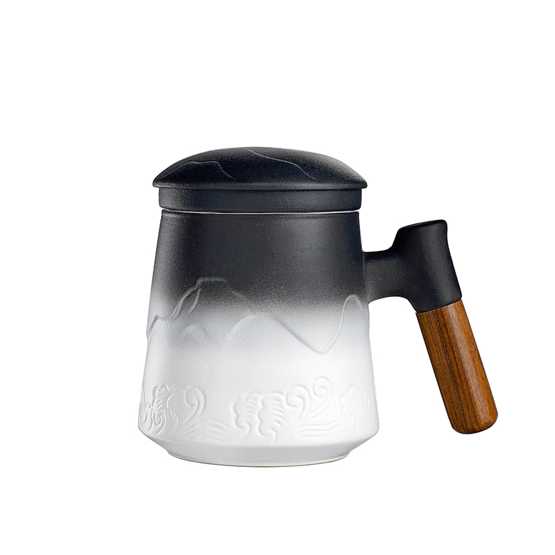 ZENS Tea Mug with Infuser and Lid, Wood Handle Tea Stainer Cup, Large Loose Leaf Tea Steeper Mug with Gradient Embossed Pattern/15.2 oz