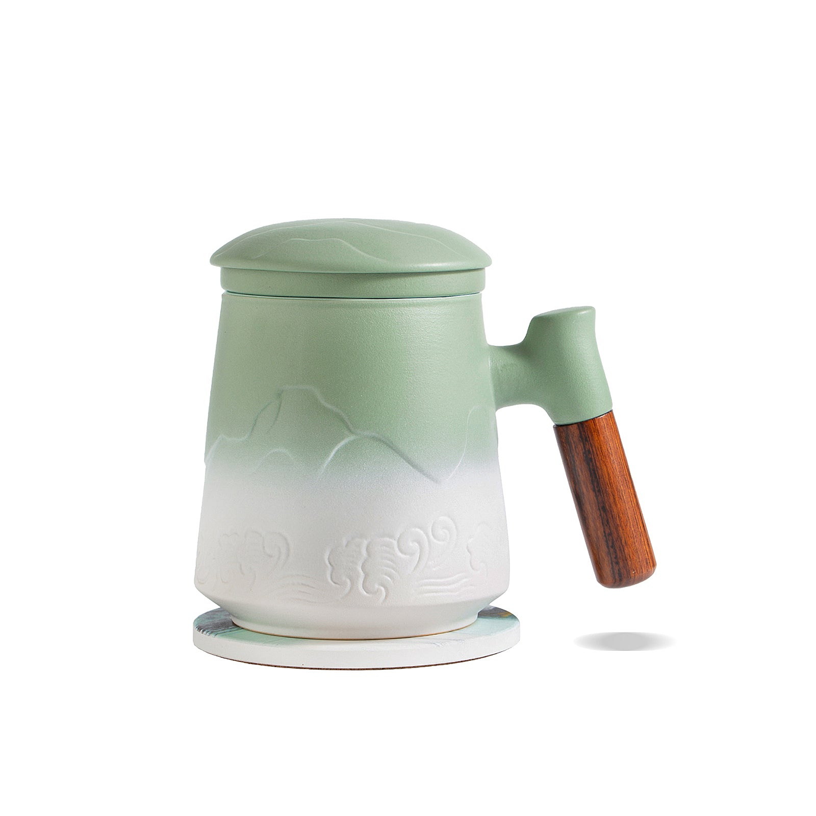Tea Infuser Mug & Coaster 15 Oz Embossed Light Green