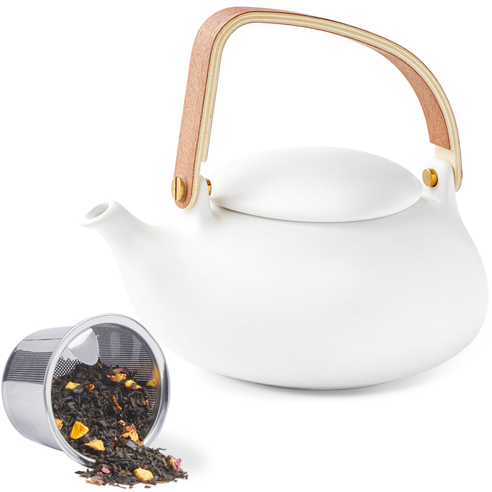 ZENS Japanese Teapot with Infuser, 27oz Modern Matte White Ceramic Loose  Leaf Tea Pot with Bentwood Handle for Gift