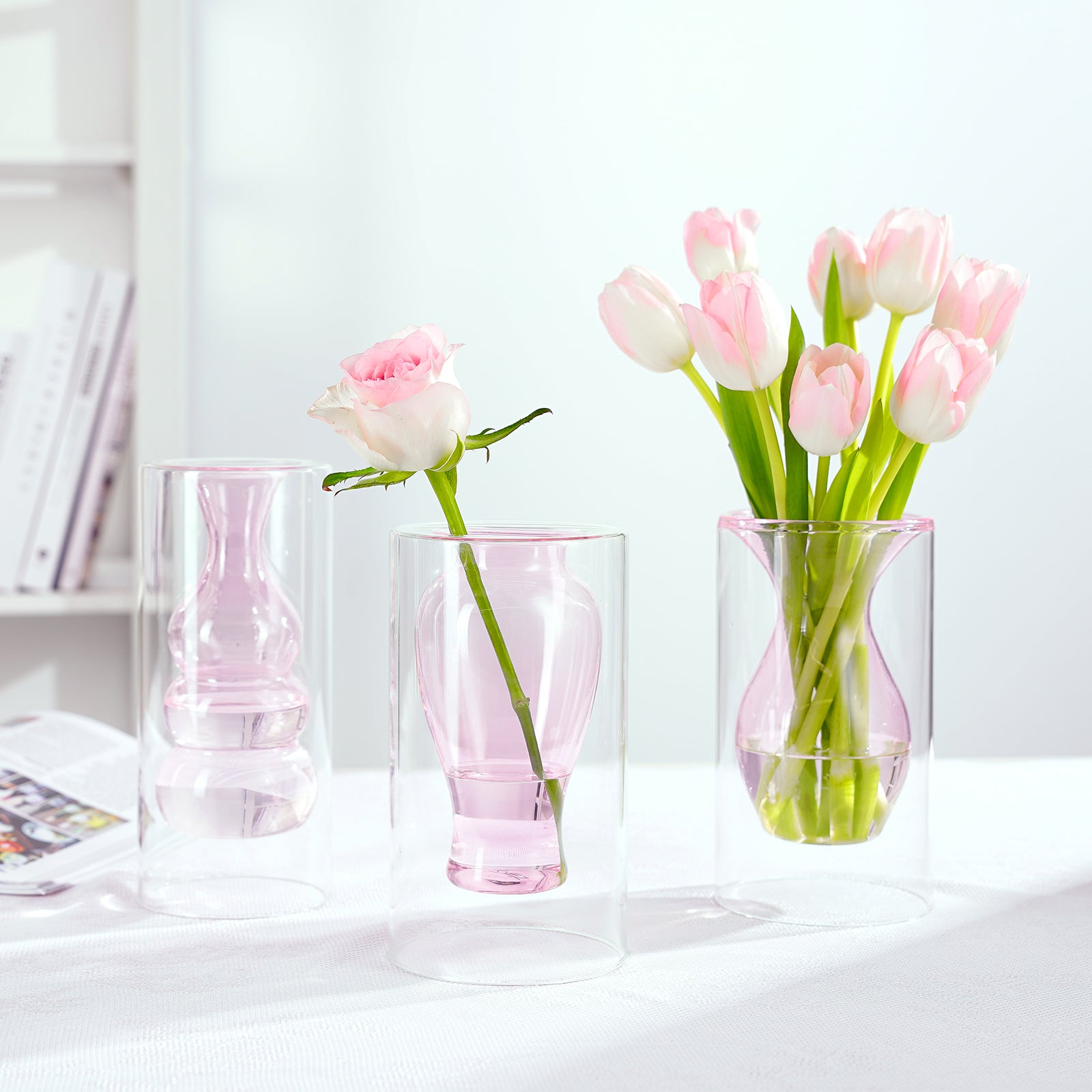 ZENS Pink Glass Flower Vase, Modern Hand Blown Hollowed Floating Glass Vase for Home Décor or Wedding Centerpieces