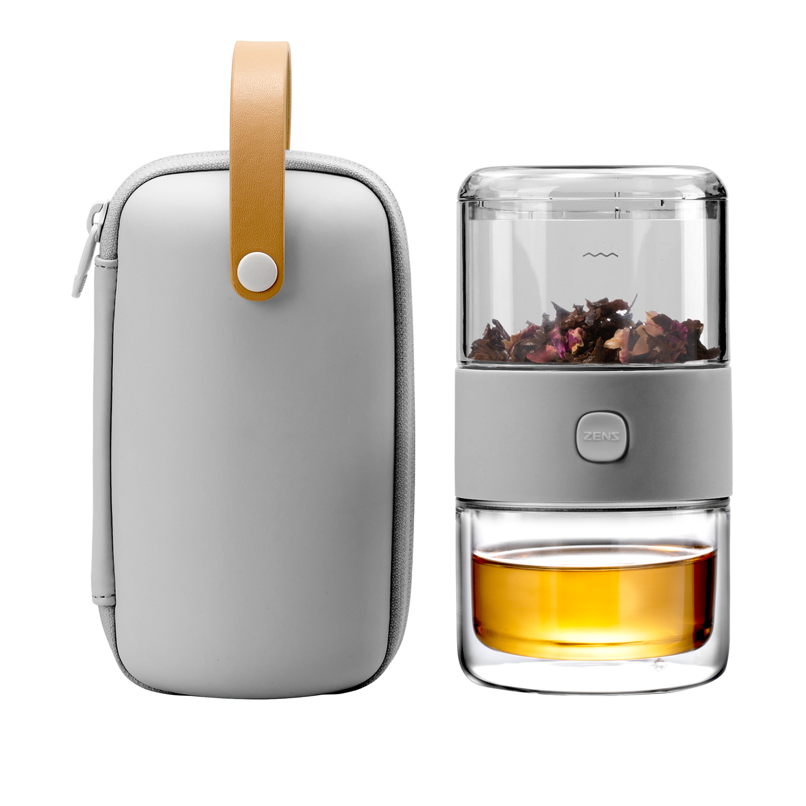 ZENS Modern Portable Gongfu Tea Set, Tritan Small Loose Tea Infuser Pot  with Double Walled Tea Cup and Travel Case for Tea Steeping