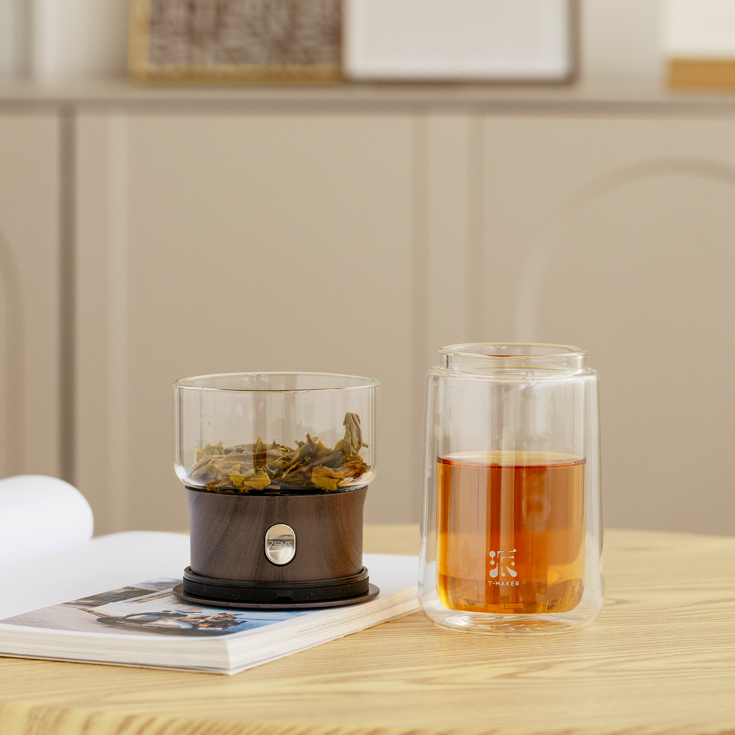 Walnut pattern loose tea steeper in the interior
