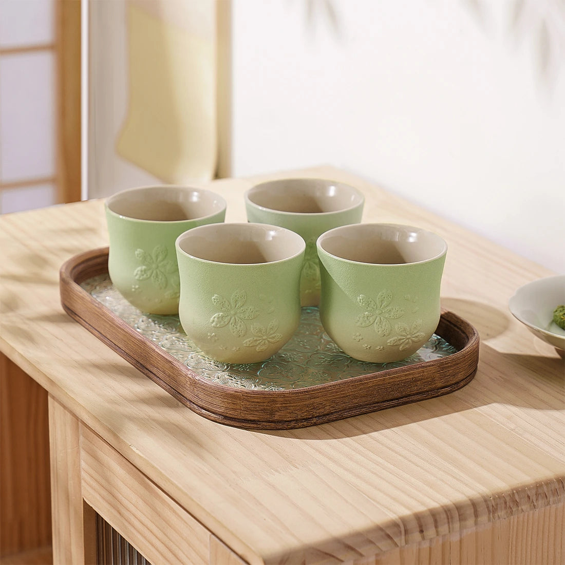Matte Japanese Tea Cups Set 6.8 Oz Sakura Design Green