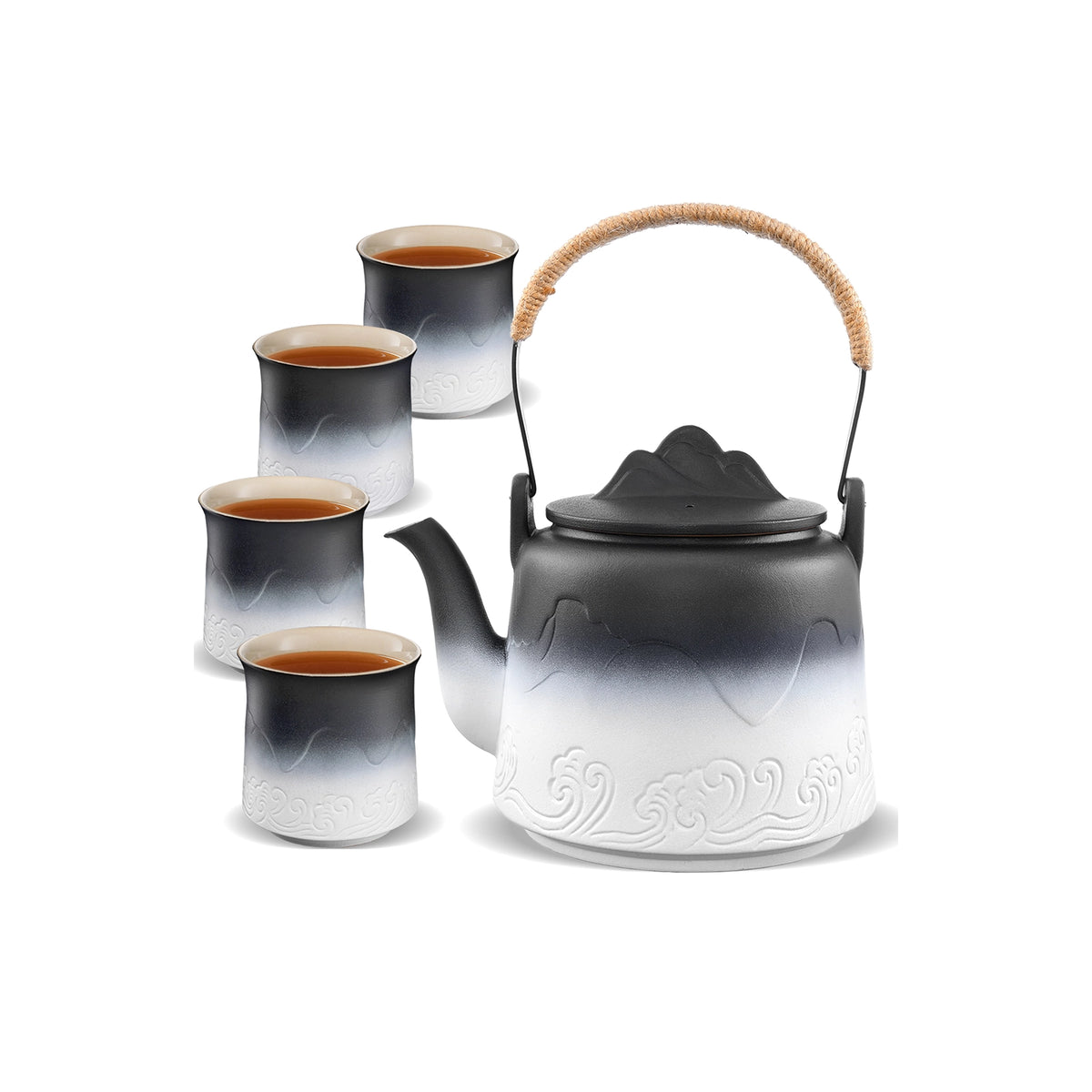 Japanese Vintage Ceramic 33 Oz Teapot with 4 Cups Black & White Japanese Vintage Ceramic 33 Oz Teapot with 4 Cups Black & White