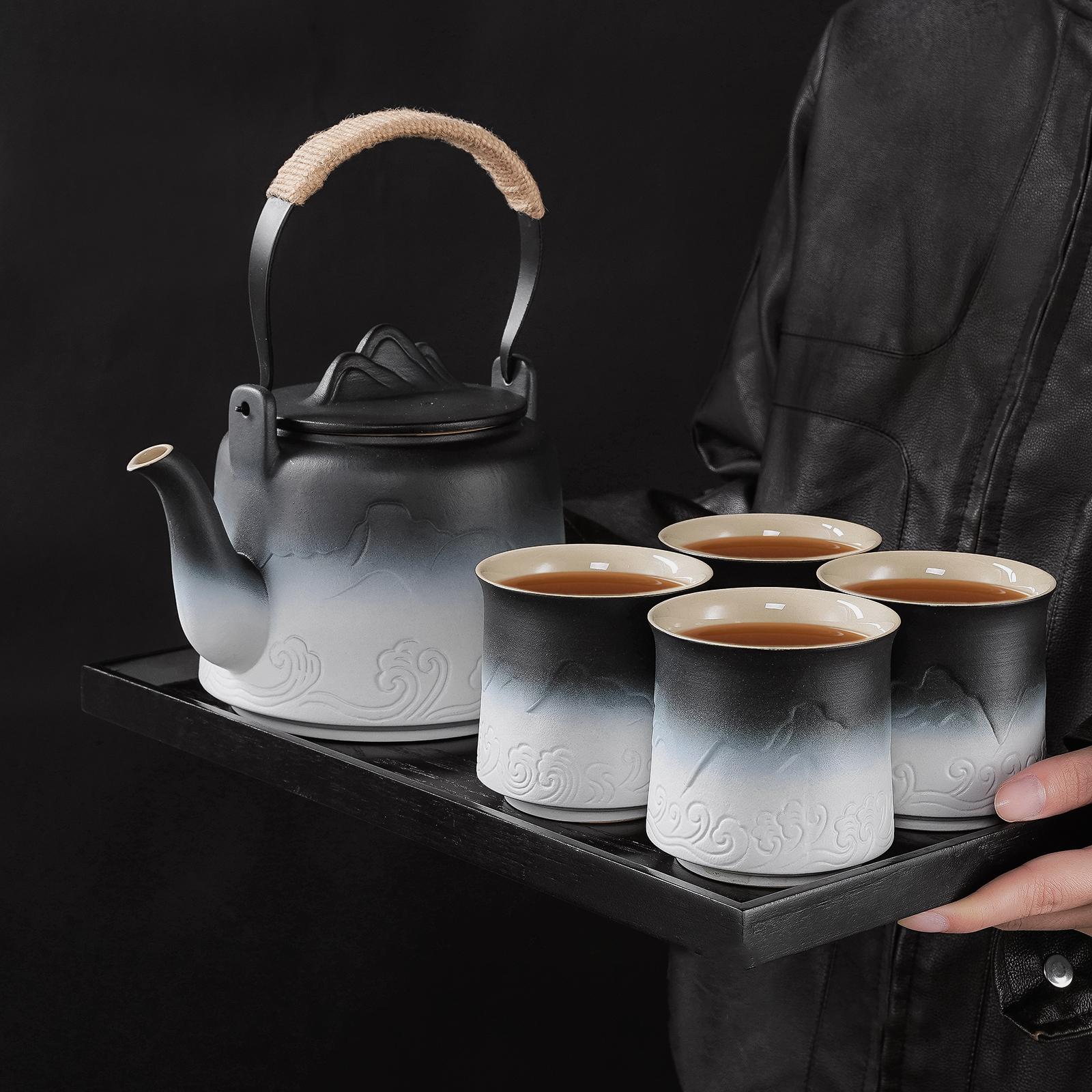 ZENS Gradient Embossed Mountain View Ceramic Tea Set