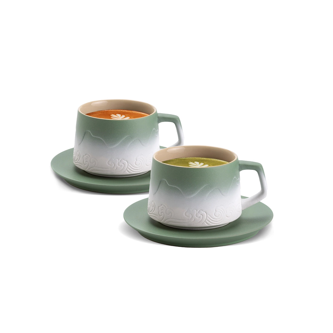 Ceramic 8 oz Pea Green &amp; White Coffee Cups and Saucers