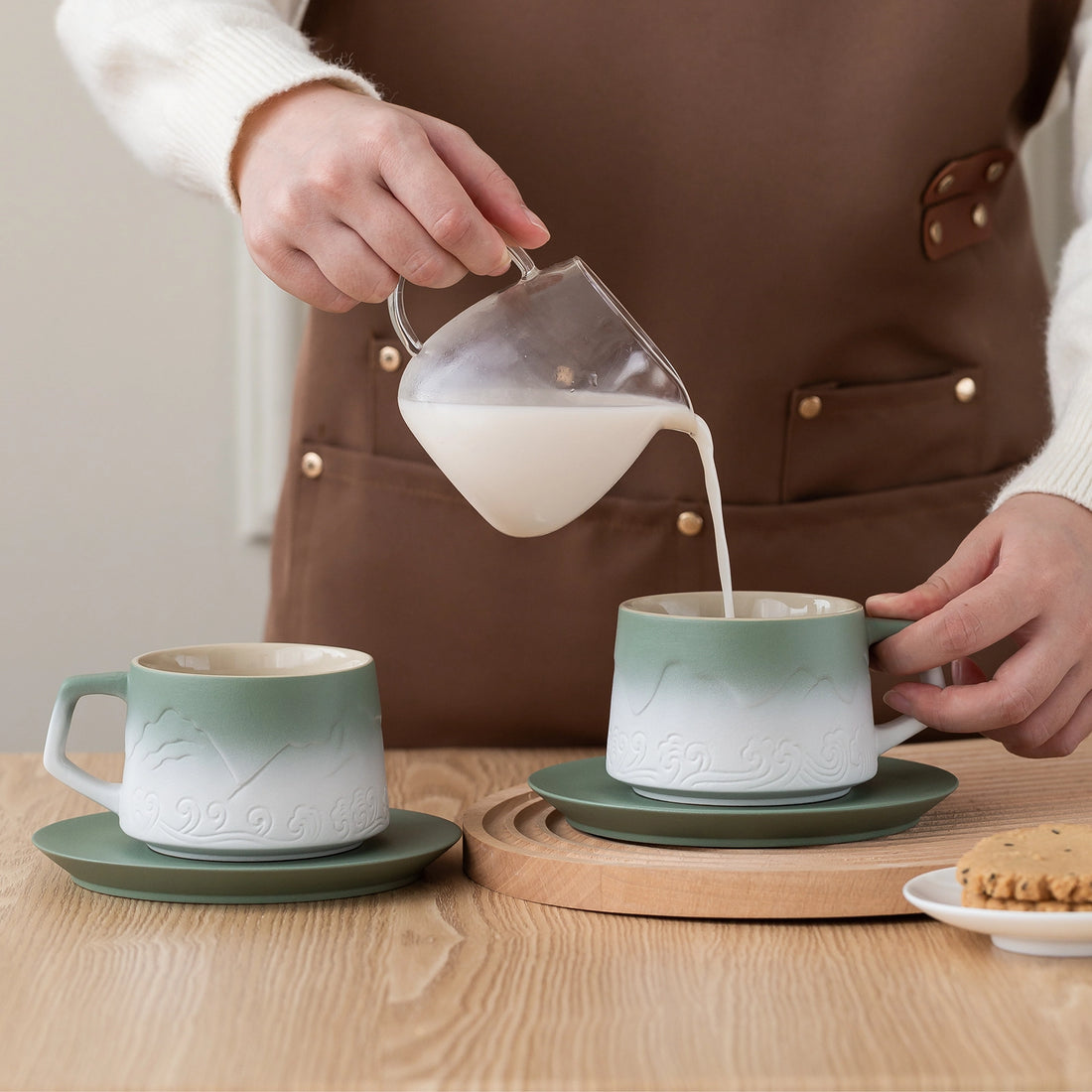 Ceramic 8 oz Pea Green &amp; White Coffee Cups and Saucers