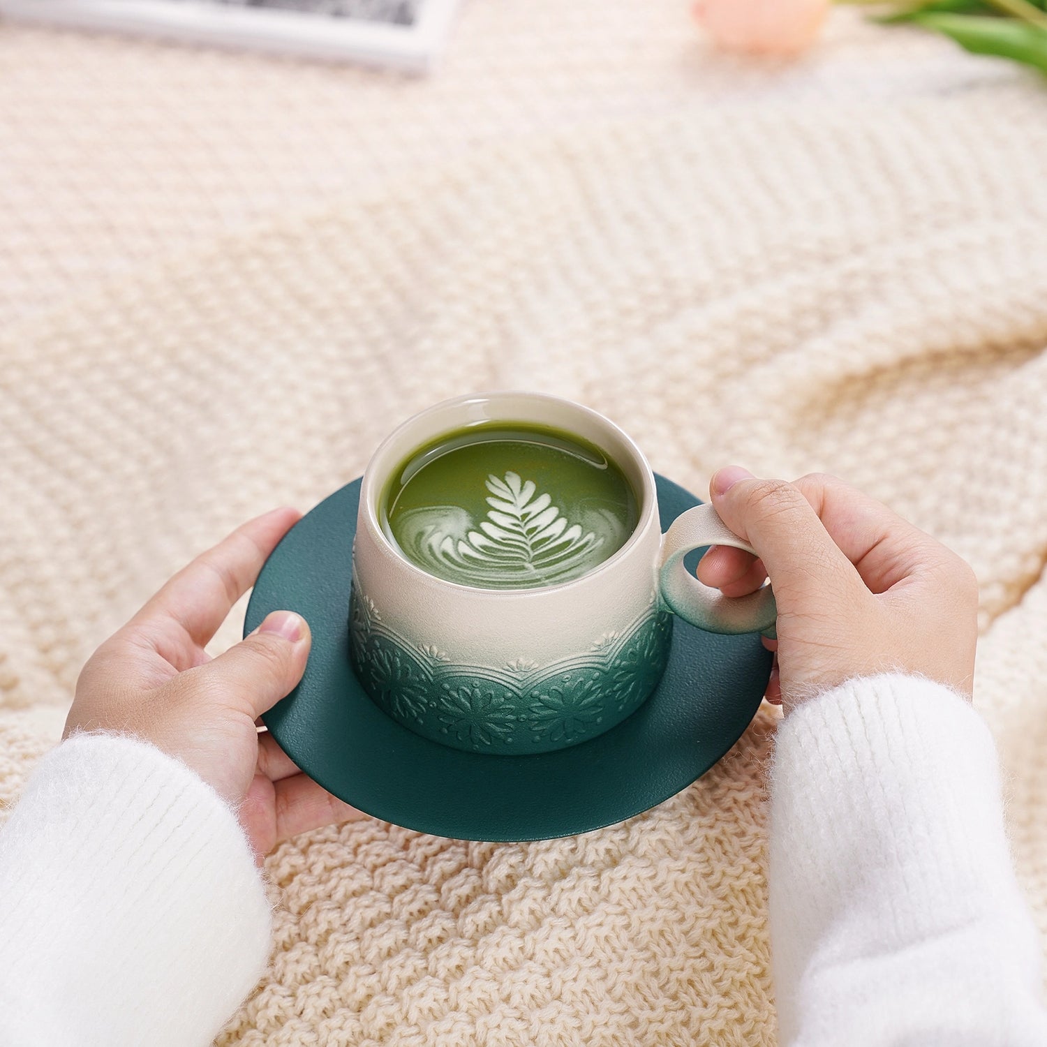 Matte Ceramic 7.3 oz Grey Green Cappuccino Mug Set