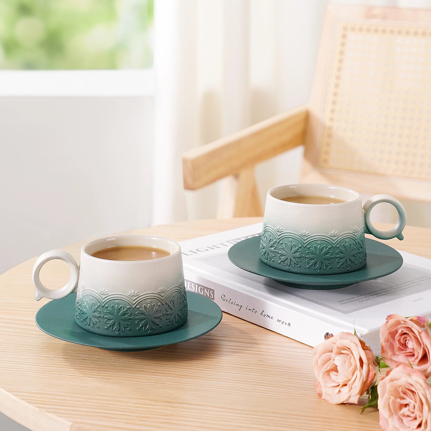 Matte Ceramic 7.3 oz Grey Green Cappuccino Mug Set