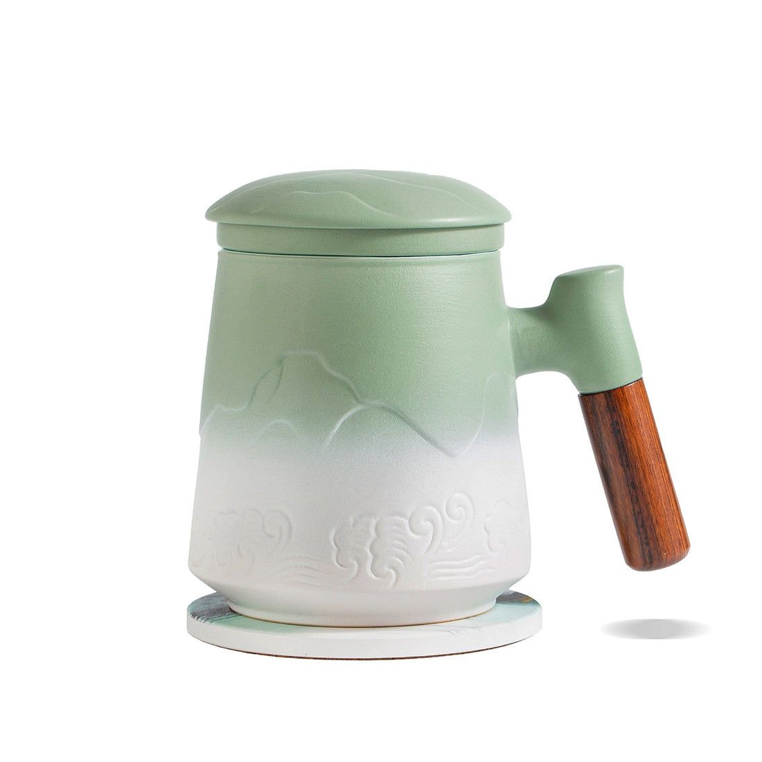 Tea Infuser Mug &amp; Coaster 15 Oz Embossed Light Green