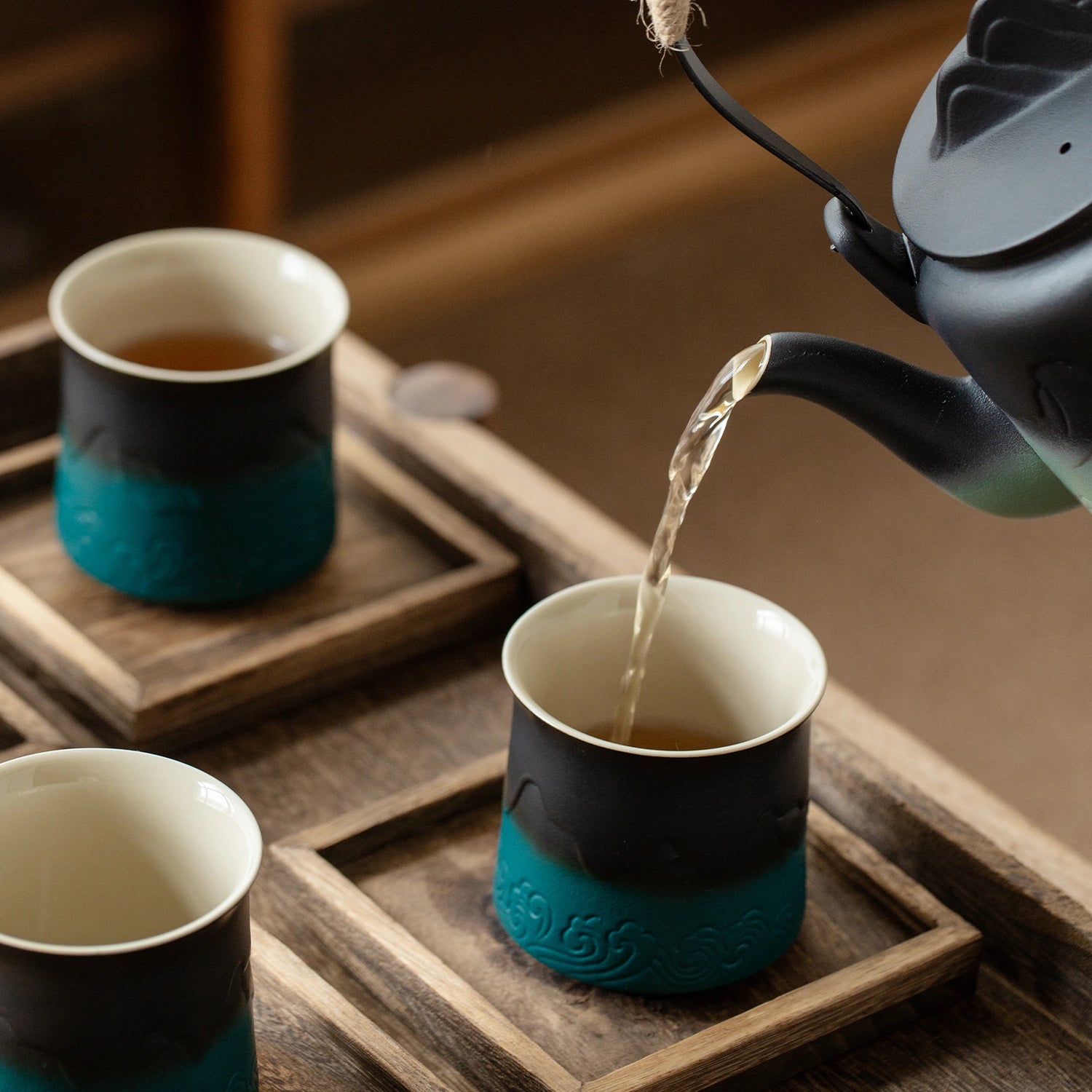 ZENS 8oz Black &amp; Green Japanese Cups Tea Set