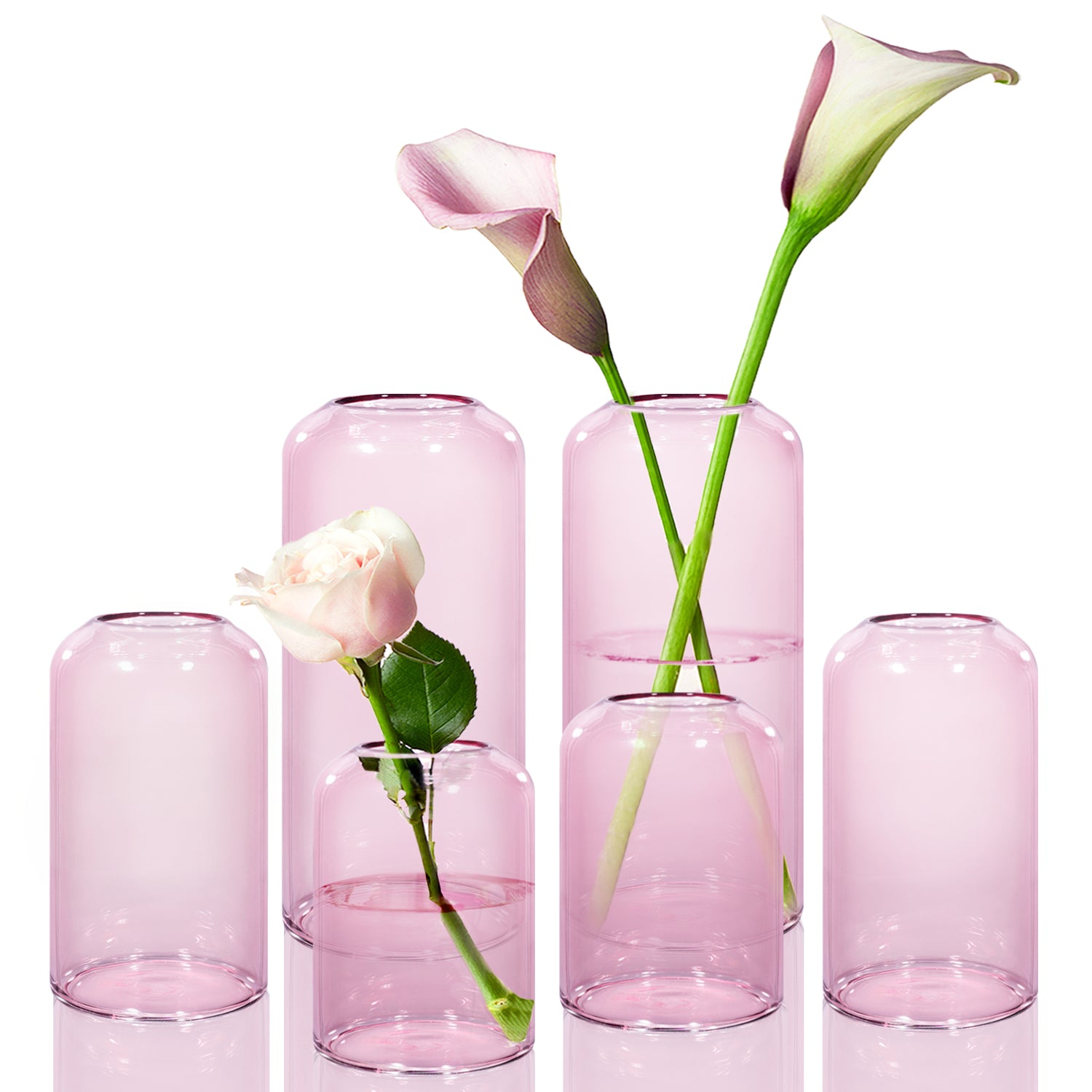 ZENS Pink Bud Vases Set of 6, Modern Cylinder Colored Small Glass Flow ...