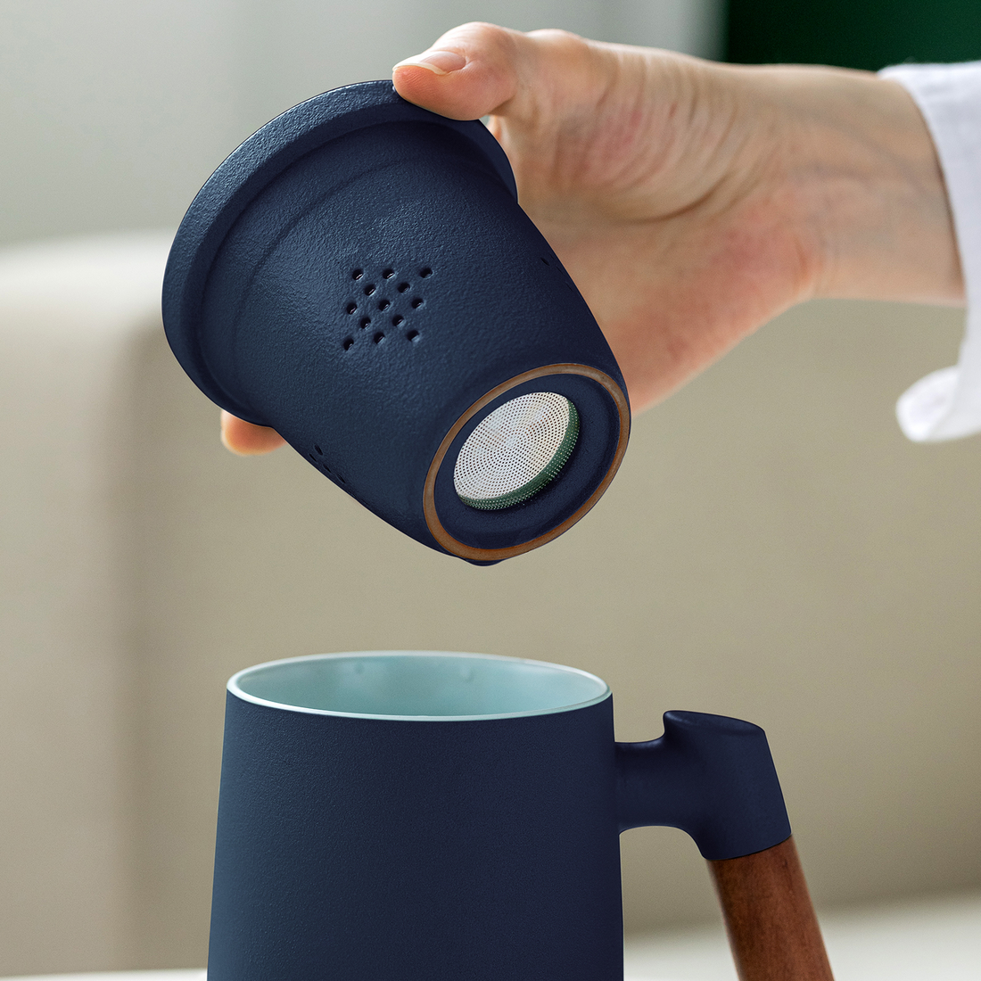 Sweejar Porcelain Tea Infuser Mug - 16 Oz With Lid & Strainer, Fog Blue