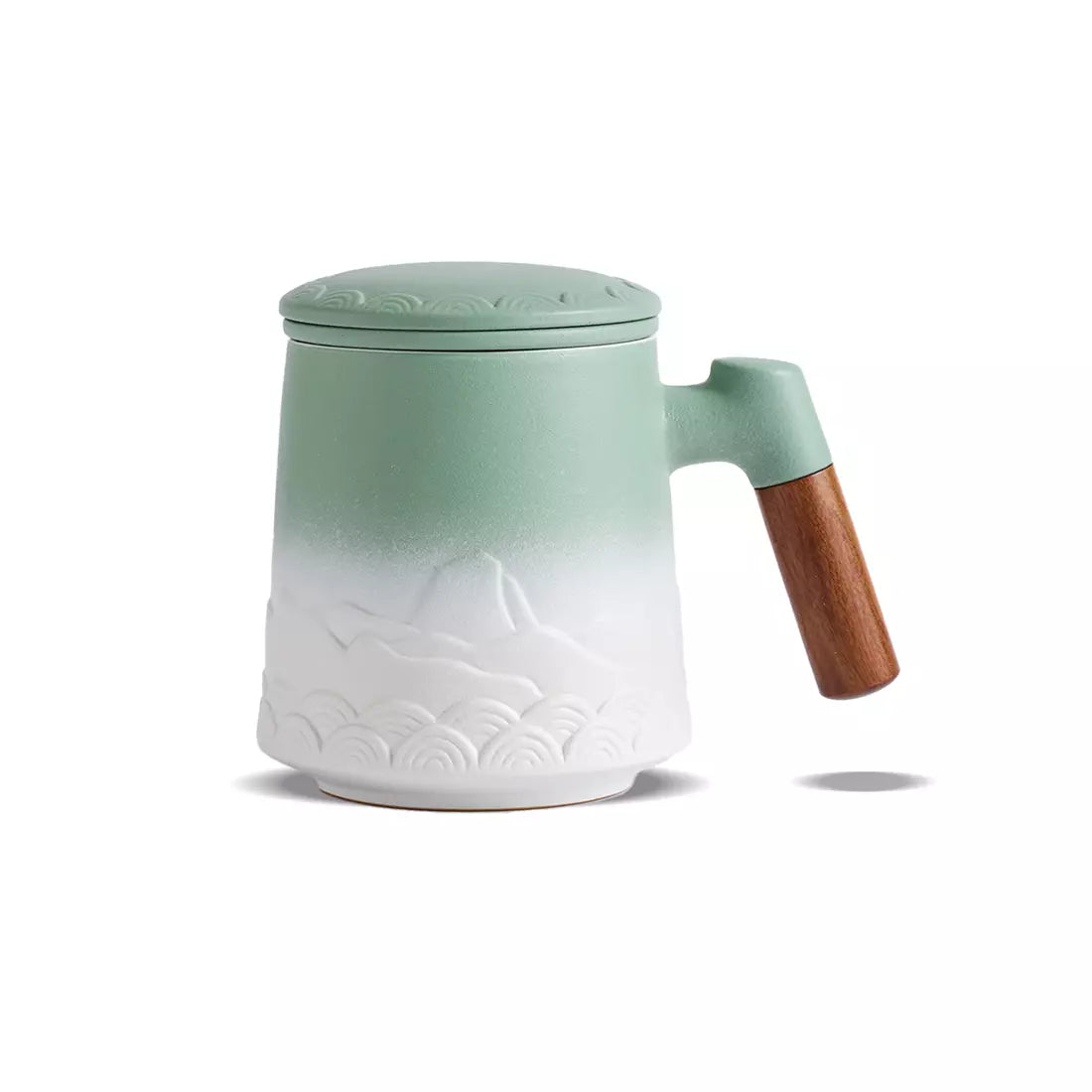 Tea Infuser Mug &amp; Coaster 16.8 Oz Embossed White &amp; Green
